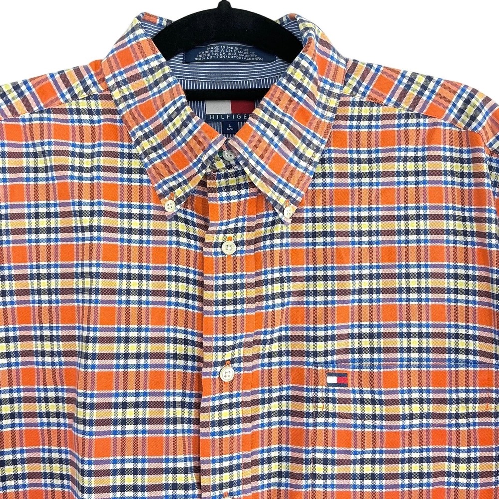 Vintage Tommy Hilfiger Men's Large Orange Plaid Short‎ Sleeve Button Up Shirt